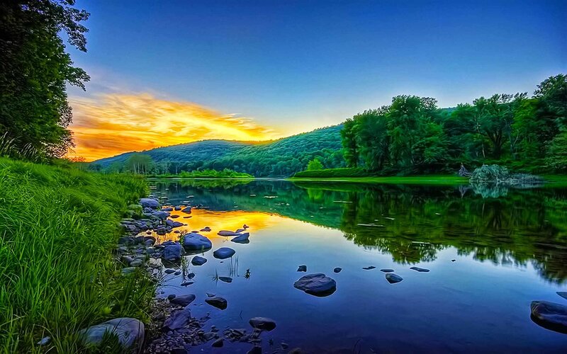 River at Sunset — Blue, Serene, Photograph, Trees, Rocks