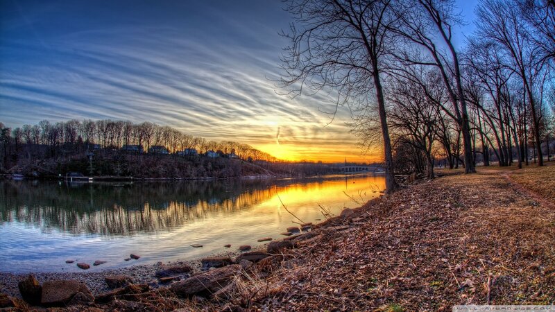 River at Sunset — Blue, Serene, Photograph, Trees, Sky, Bridge
