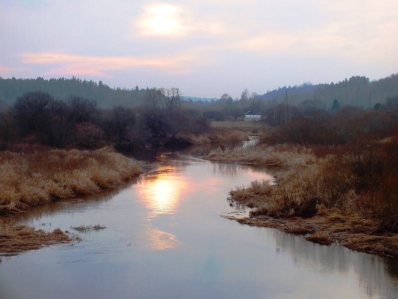 River at Sunset — Blue, Serene, Photograph, Trees, Sky, Buildings
