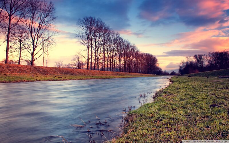 River at Sunset — Blue, Serene, Photograph, Trees, Sky, Grass