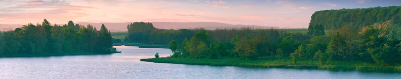 River at Sunset — Blue, Serene, Photograph, Trees, Sky, Hills