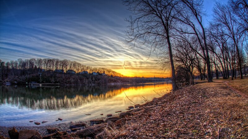 River at Sunset — Blue, Serene, Photograph, Trees, Sky, Reflection, Bridge