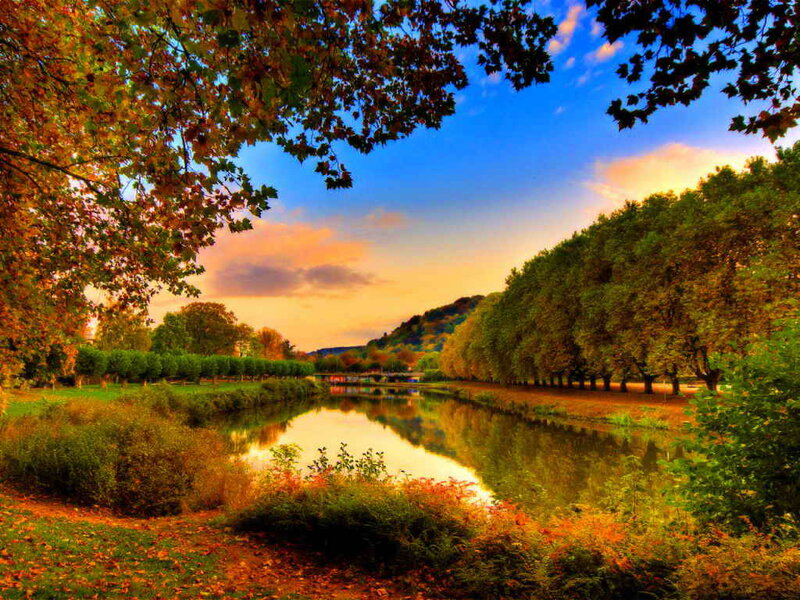 River at Sunset — Blue, Serene, Photograph, Trees, Sky, Reflection, Leaves