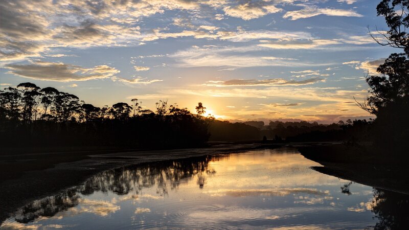 River at Sunset — Blue, Serene, Photograph, Trees, Sky, Reflection, Yellow