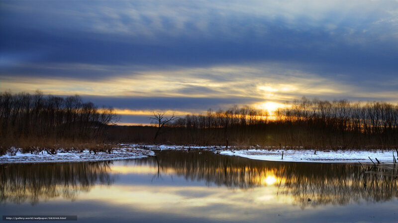 River at Sunset — Blue, Serene, Photograph, Trees, Sky, Snow