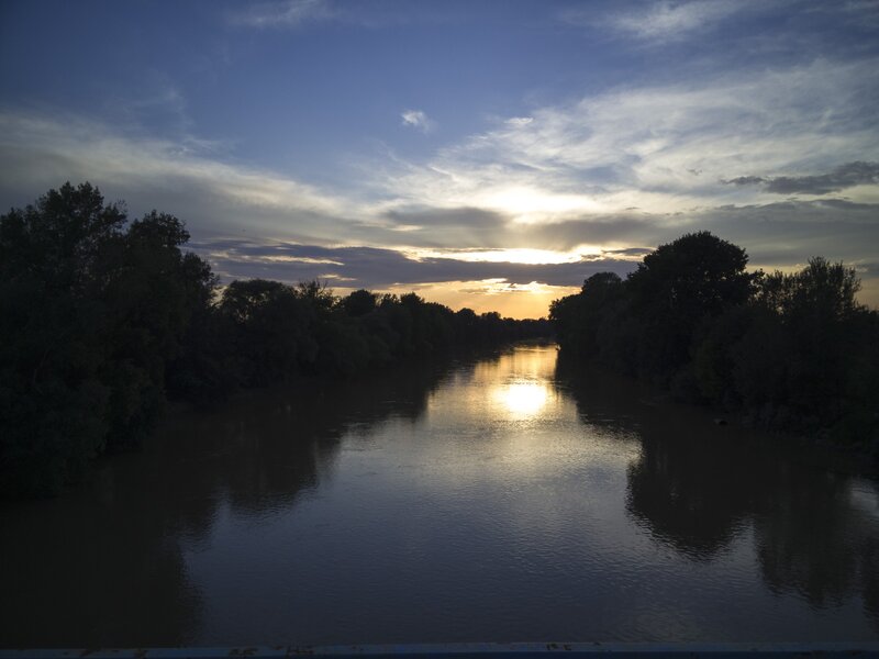 River at Sunset — Blue, Serene, Photograph, Trees, Sky, Sun