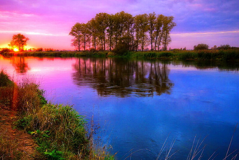 River at Sunset — Blue, Serene, Photograph, Trees, Sky