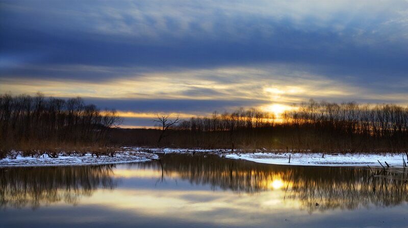 River at Sunset — Blue, Serene, Photograph, Trees, Snow, Sky