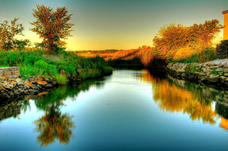 River at Sunset — Blue, Serene, Photograph, Trees, Stone Wall