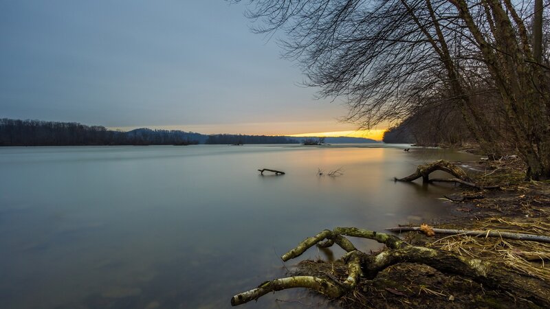 River at Sunset — Blue, Serene, Photograph, Trees, Water