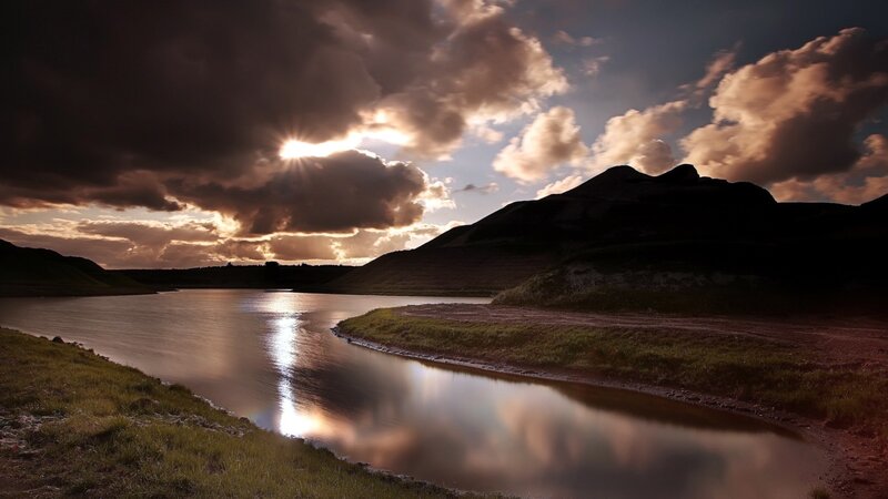 River at Sunset — Brown, Dramatic, Photograph, Mountains