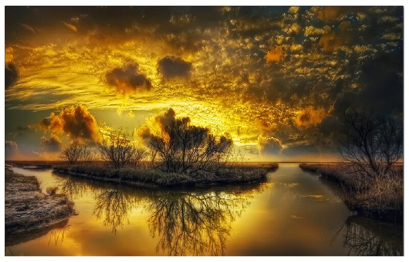 River at Sunset — Gold, Dramatic, Photograph