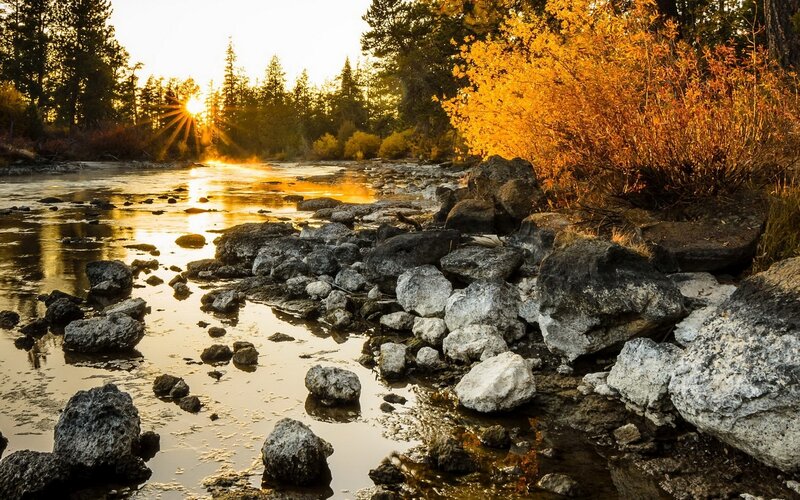 River at Sunset — Gold, Serene, Photograph, Rocks
