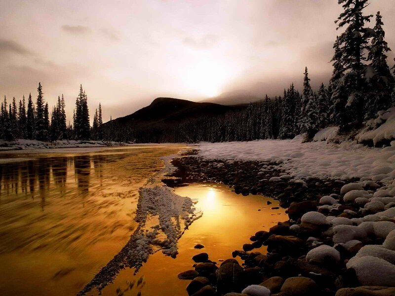 River at Sunset — Gold, Serene, Photograph, Snow