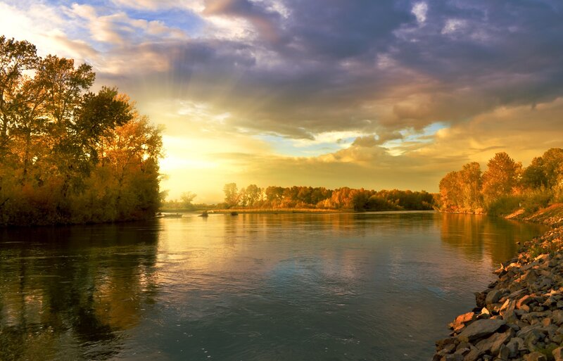 River at Sunset — Gold, Serene, Photograph