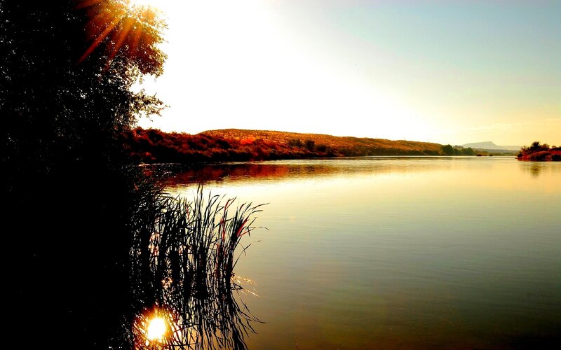 River at Sunset — Gold, Serene, Photograph, Trees, Hills