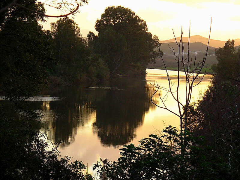River at Sunset — Gold, Serene, Photograph, Trees, Mountain