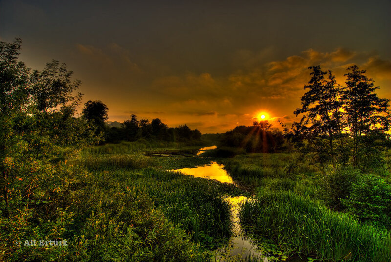 River at Sunset — Green, Dramatic