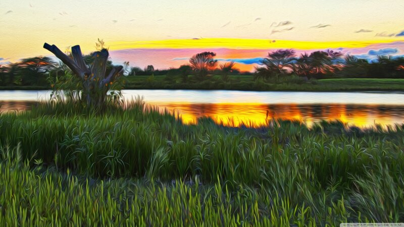River at Sunset — Green, Serene, Digital Art