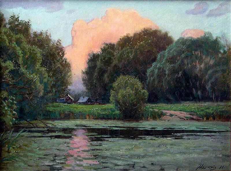 River at Sunset — Green, Serene, Painting