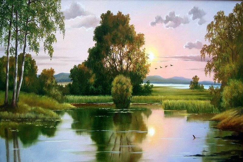 River at Sunset — Green, Serene, Painting, Trees