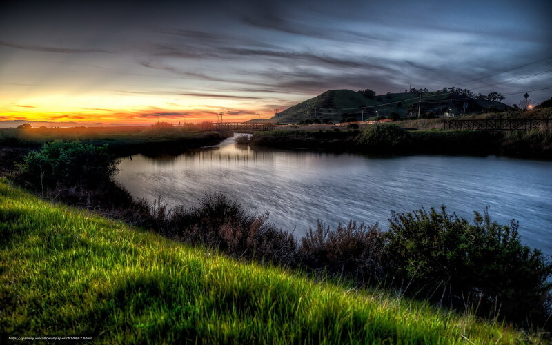 River at Sunset — Green, Serene, Photograph, Bridge, Hills