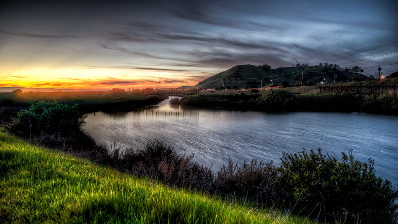 River at Sunset — Green, Serene, Photograph, Bridge