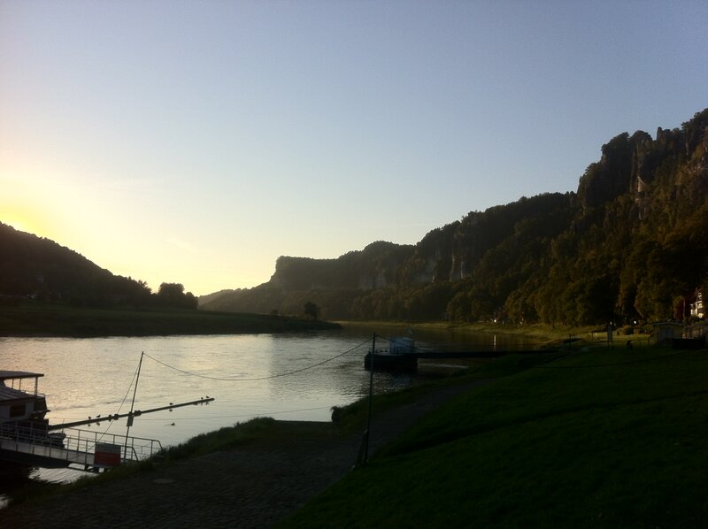 River at Sunset — Green, Serene, Photograph, Mountain