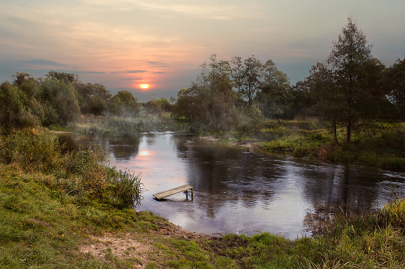 River at Sunset — Green, Serene, Photograph, Sun