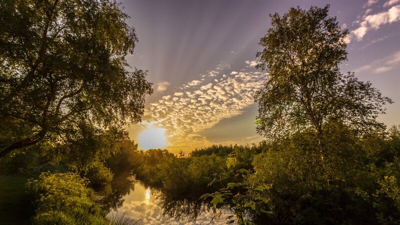 River at Sunset — Green, Serene, Photograph, Trees, Clouds