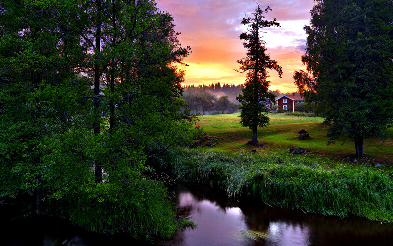 River at Sunset — Green, Serene, Photograph, Trees, Field