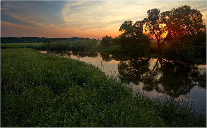 River at Sunset — Green, Serene, Photograph, Trees, Sky, Grass