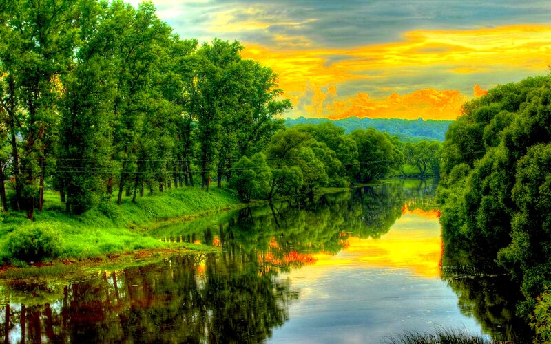 River at Sunset — Green, Serene, Photograph, Trees, Sky, Reflection