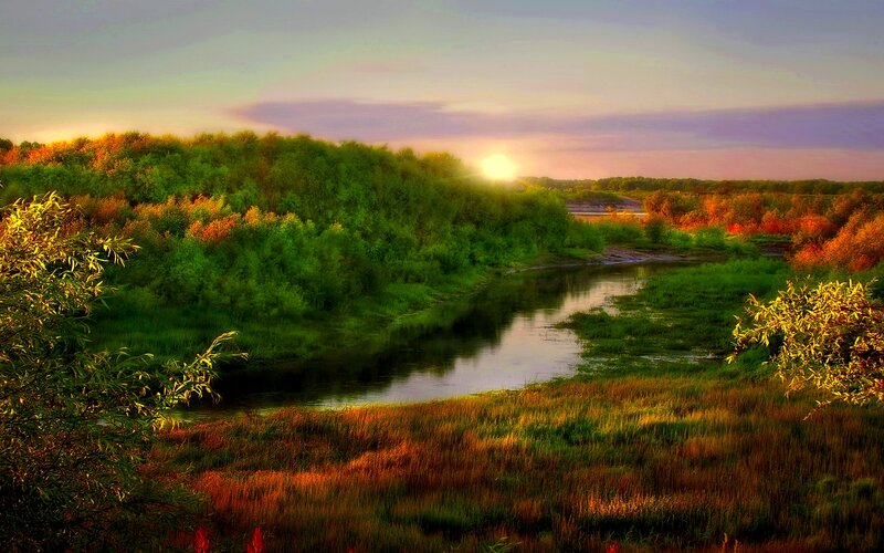 River at Sunset — Green, Serene, Photograph, Trees, Sky