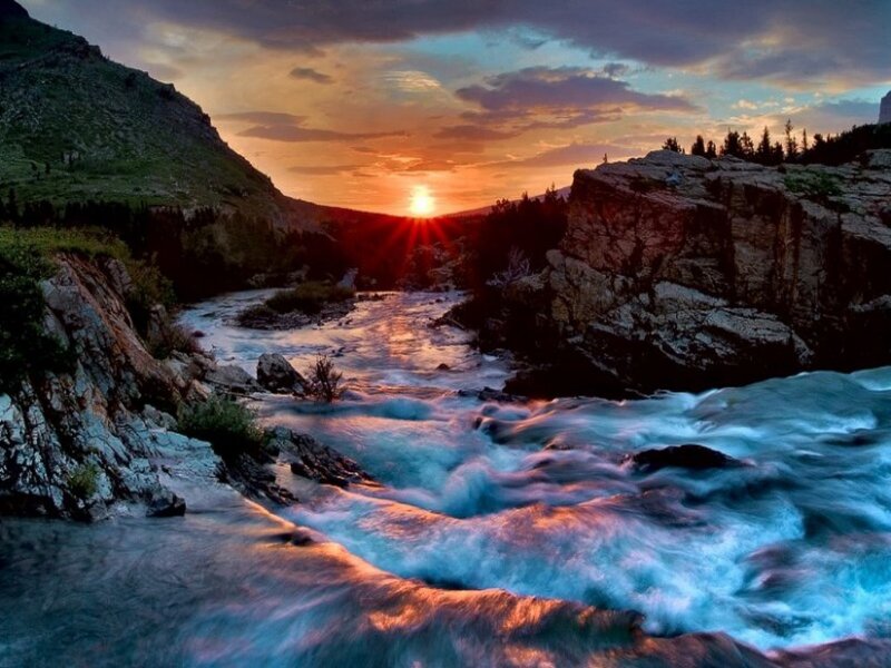River at sunset in a canyon