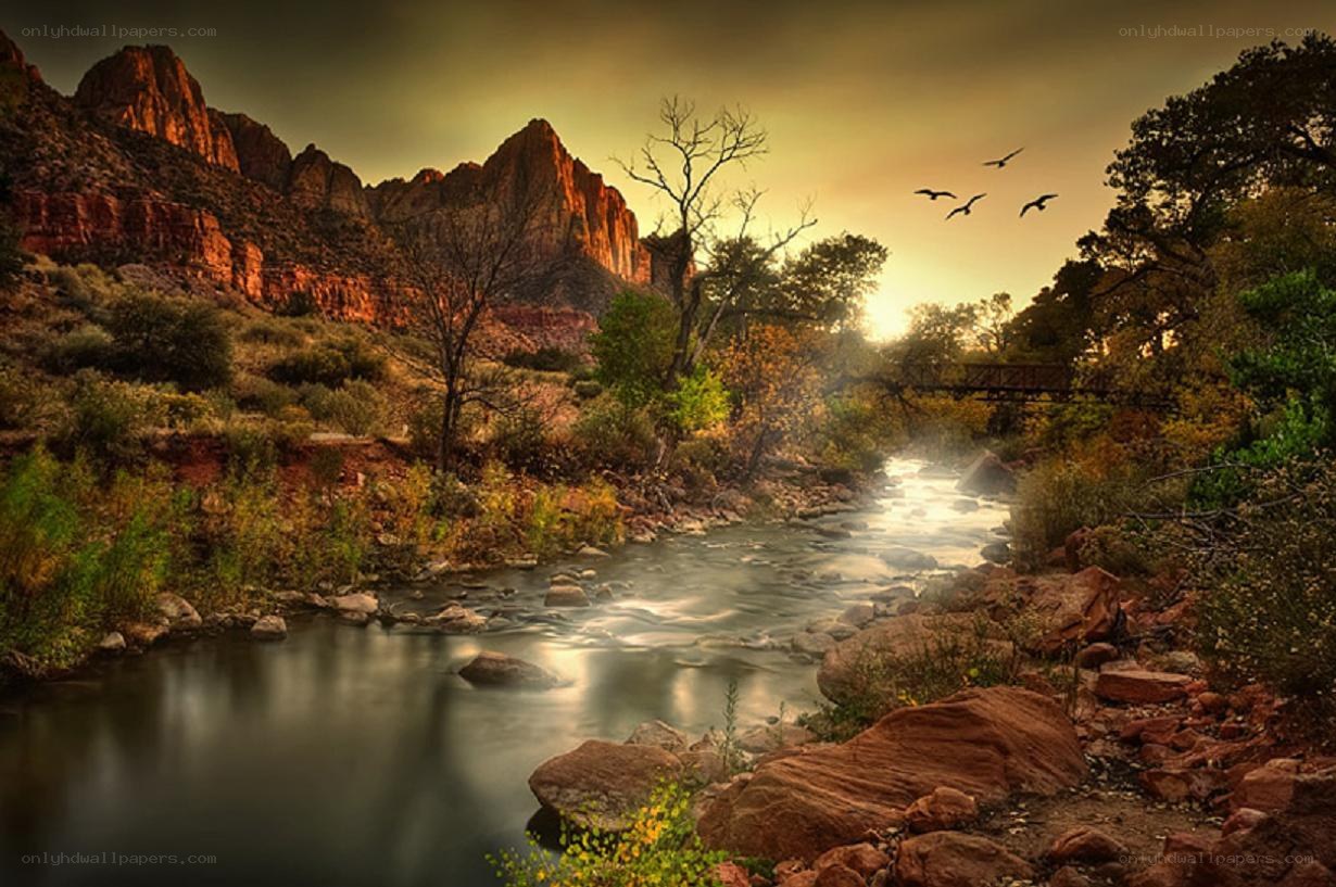 River at sunset in canyon