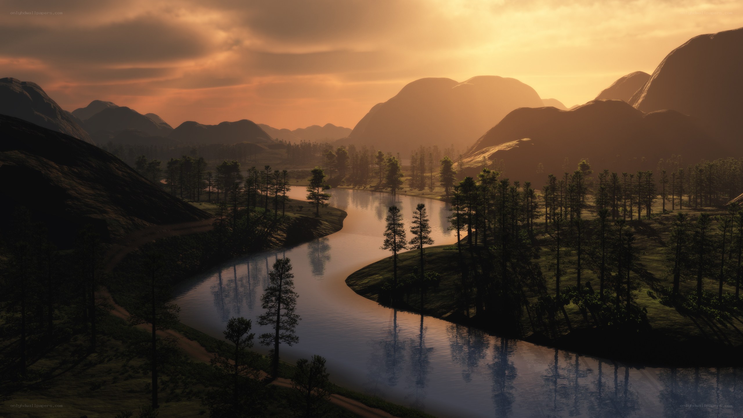 River at sunset in mountain valley
