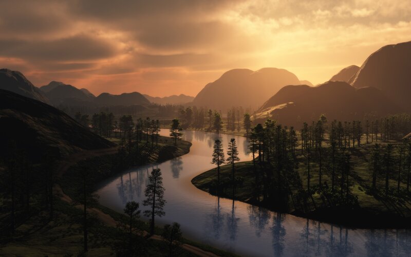 River at sunset in mountain valley