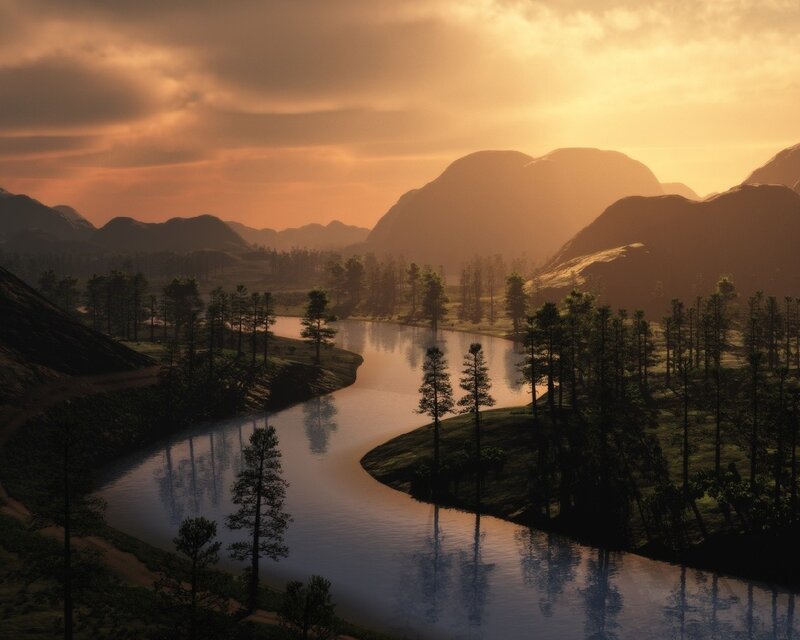 River at sunset in mountain valley