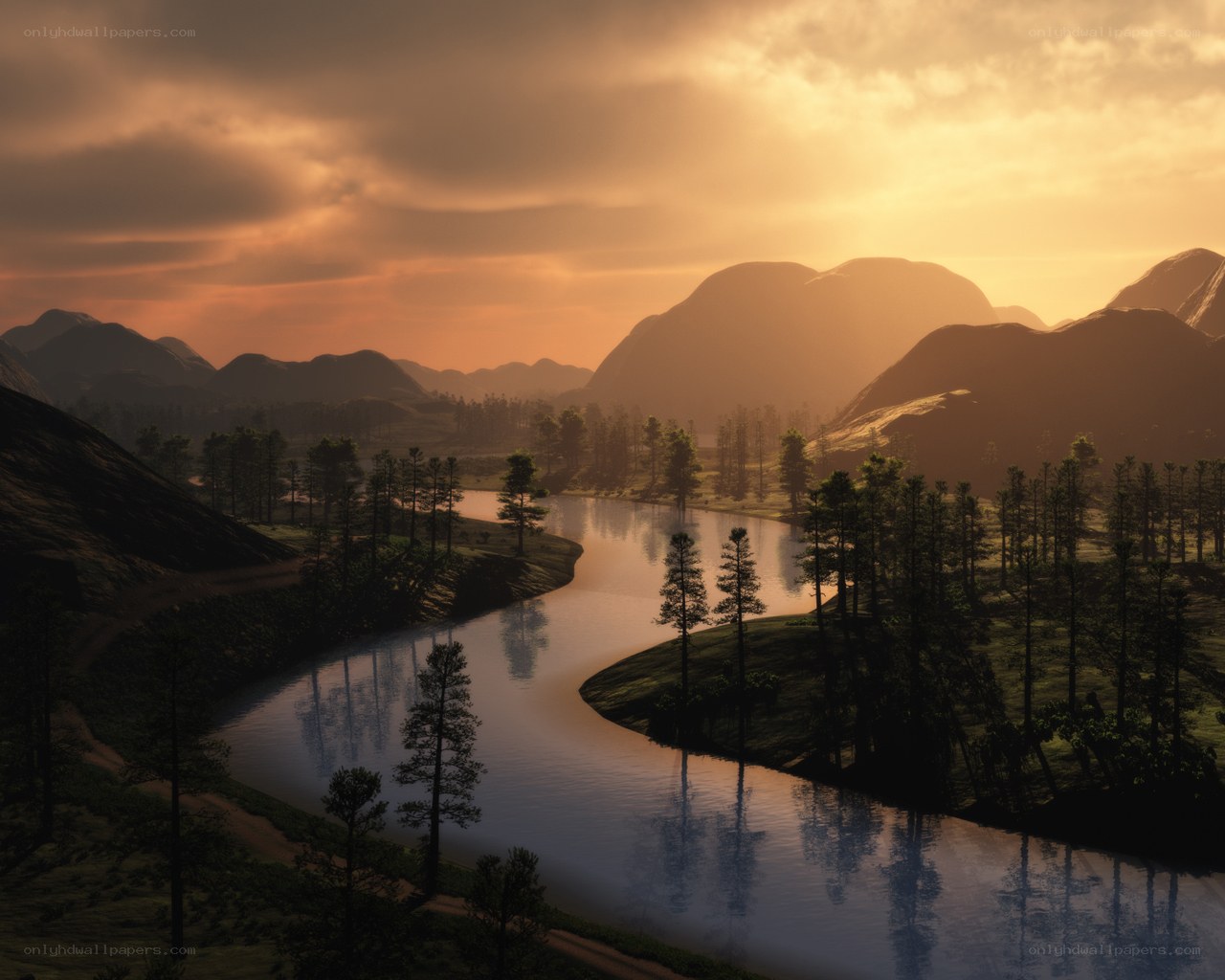 River at sunset in mountain valley