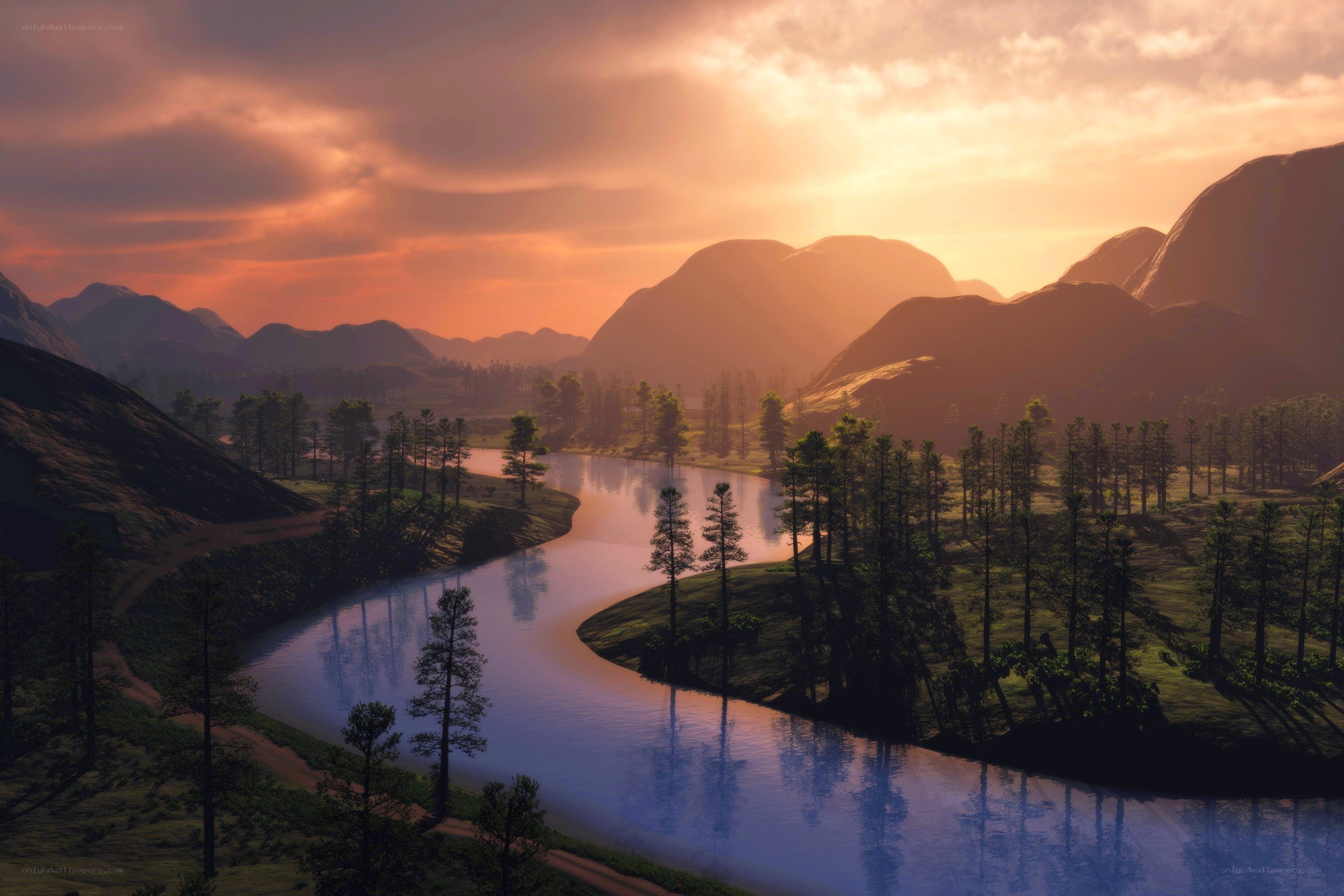 River at sunset in mountain valley