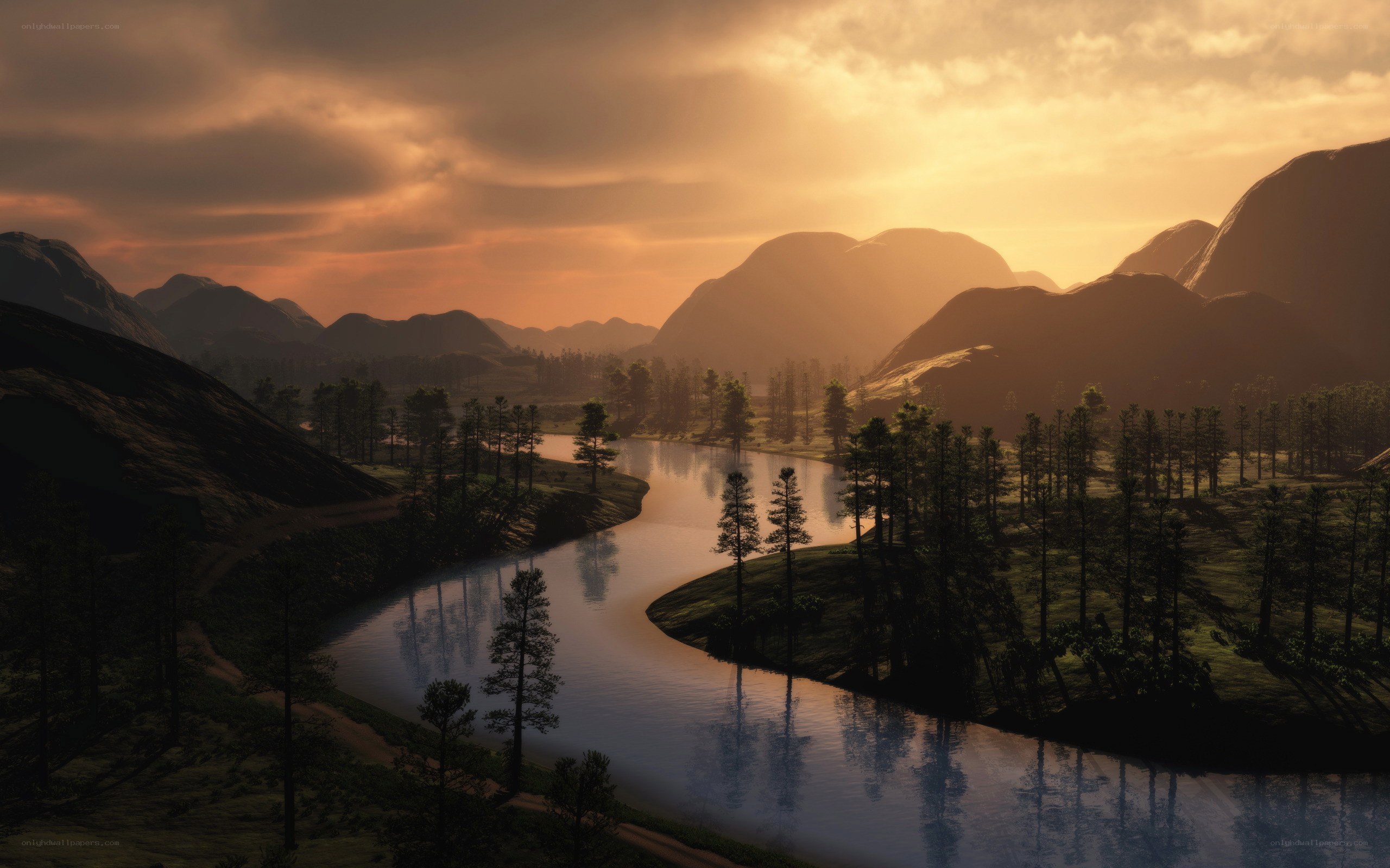 River at sunset in mountain valley