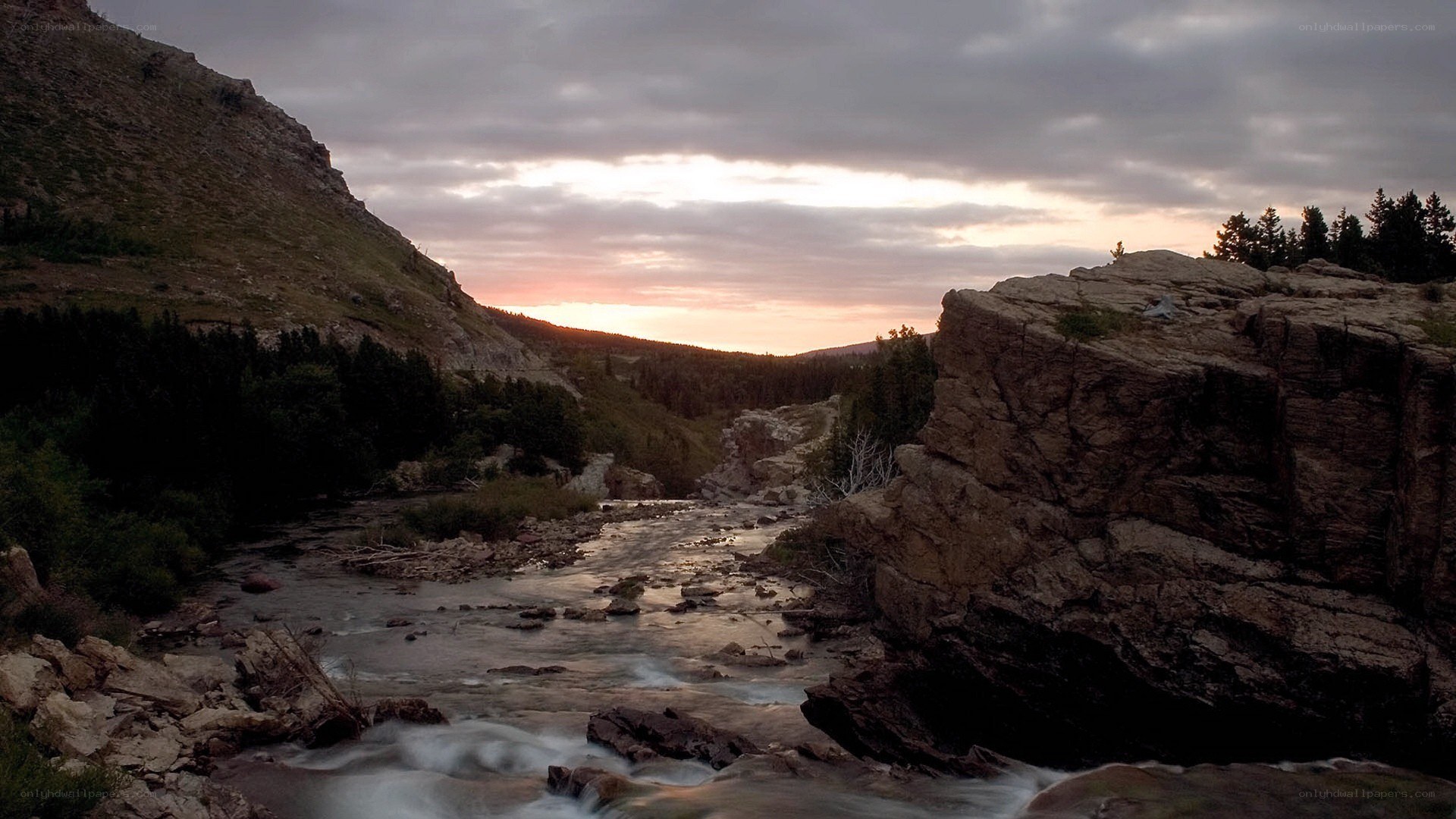 River at sunset in mountain valley