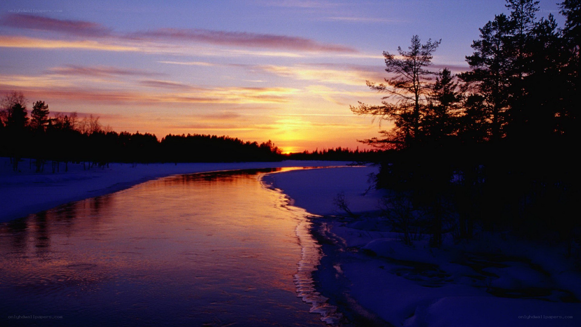 River at sunset in winter