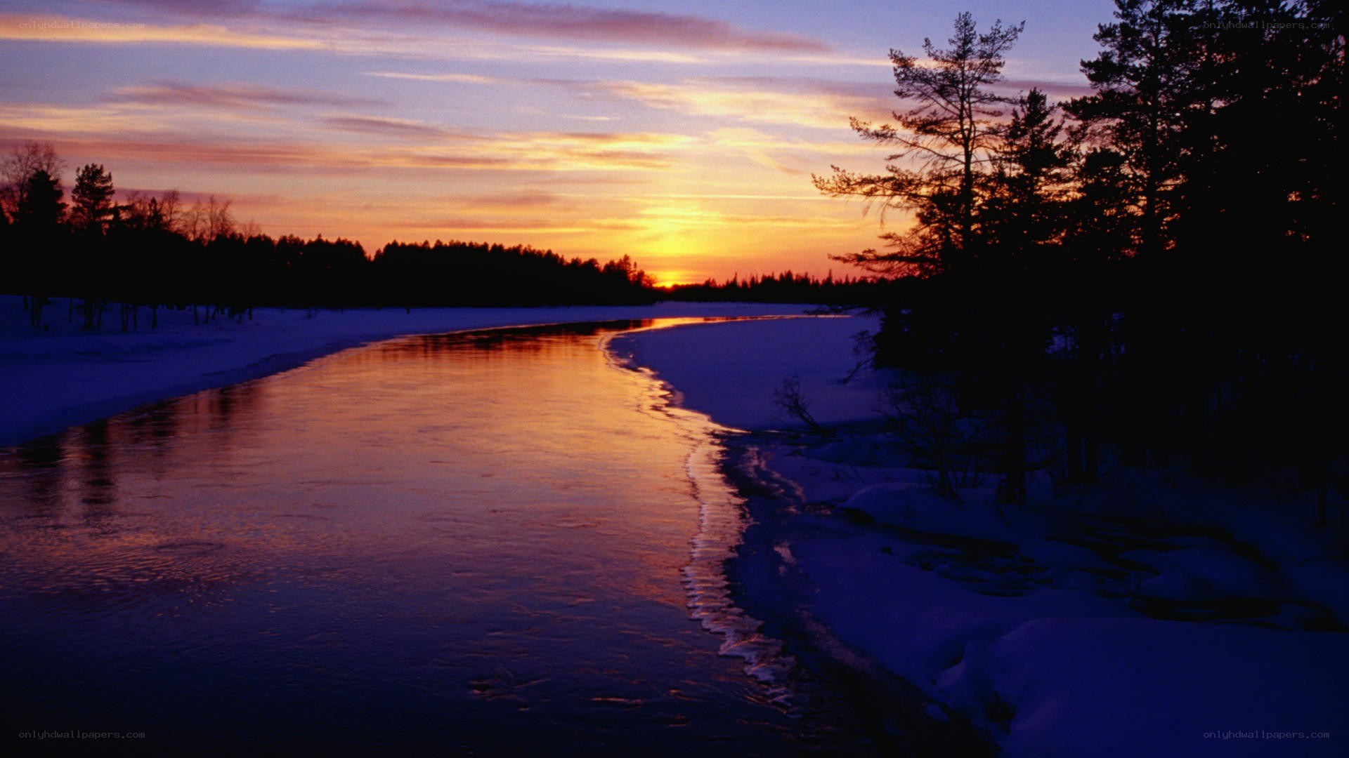 river at sunset in winter