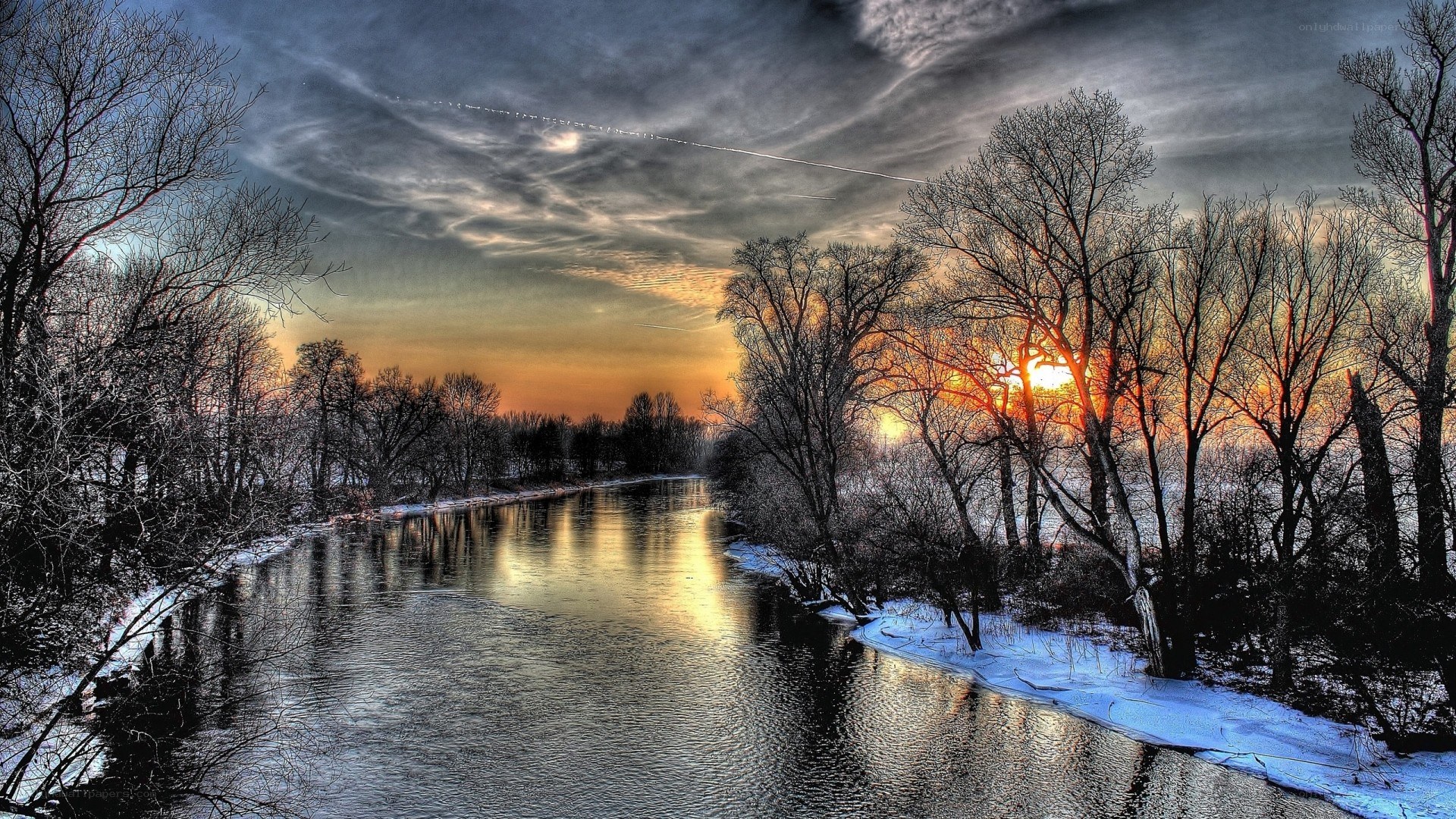 River at sunset in winter