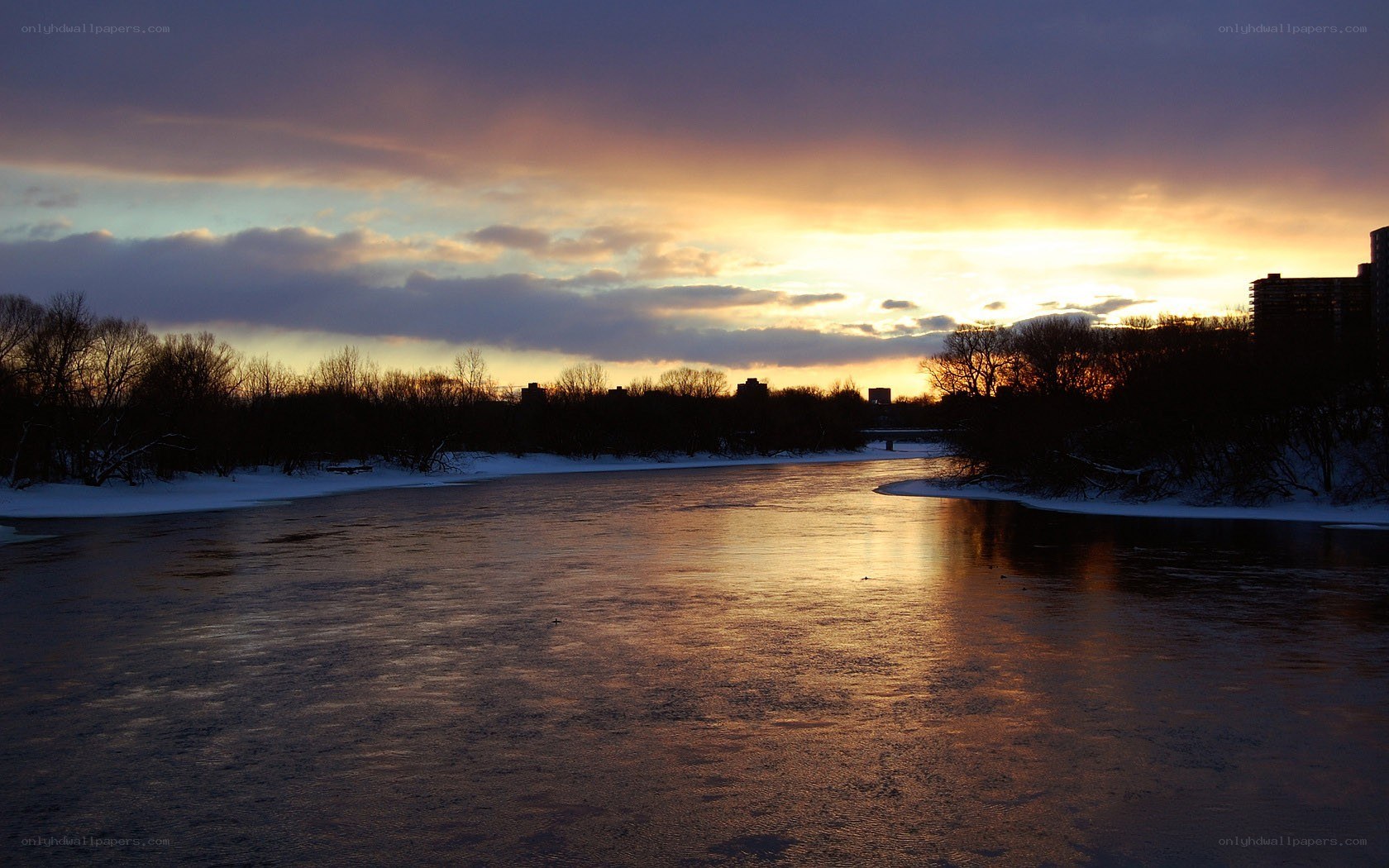 River at sunset in winter