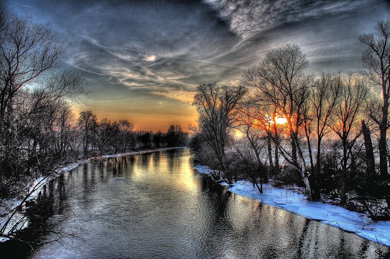 River at sunset in winter