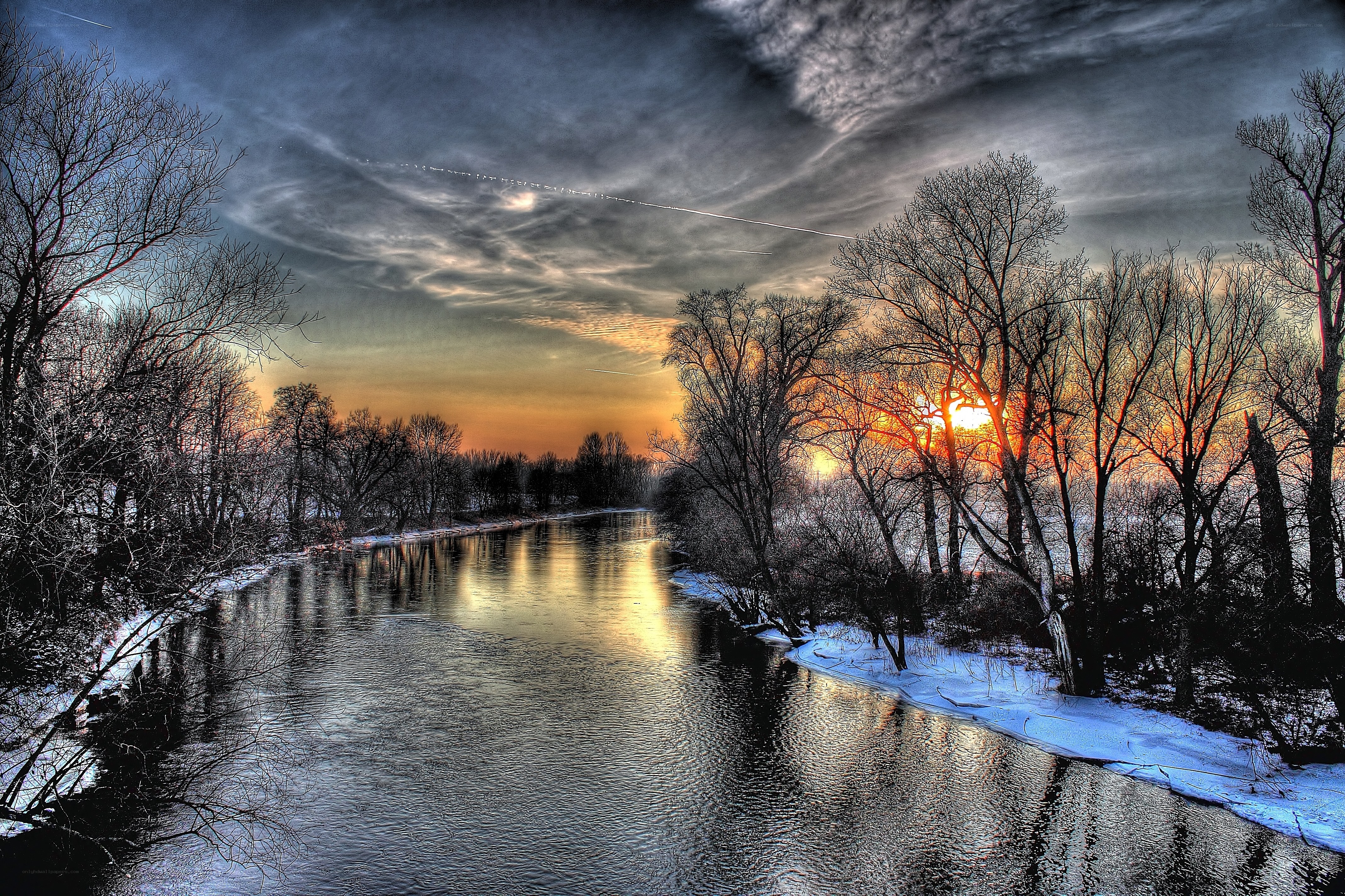 River at sunset in winter