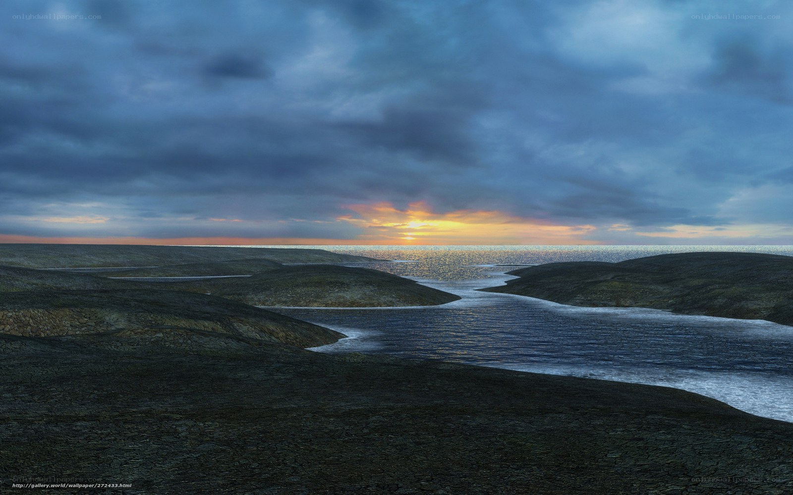 River at sunset on alien planet